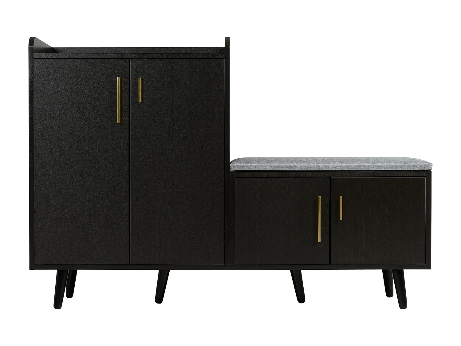 Moderne schoenenkast, donker notenhout, met 4 opbergdeuren, asymmetrische metalen handgrepen, (120x34x82 cm)