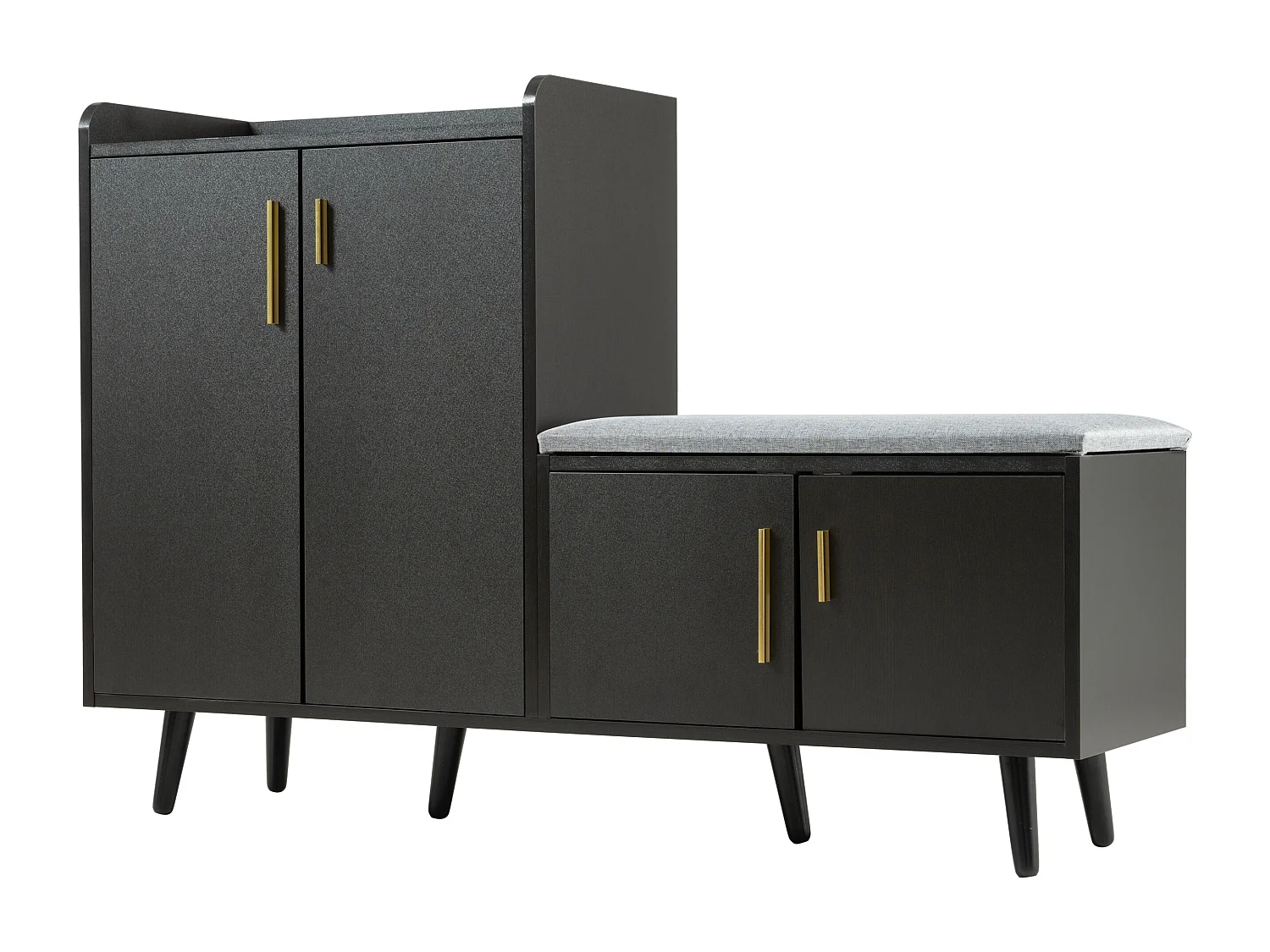 Moderne schoenenkast, donker notenhout, met 4 opbergdeuren, asymmetrische metalen handgrepen, (120x34x82 cm)