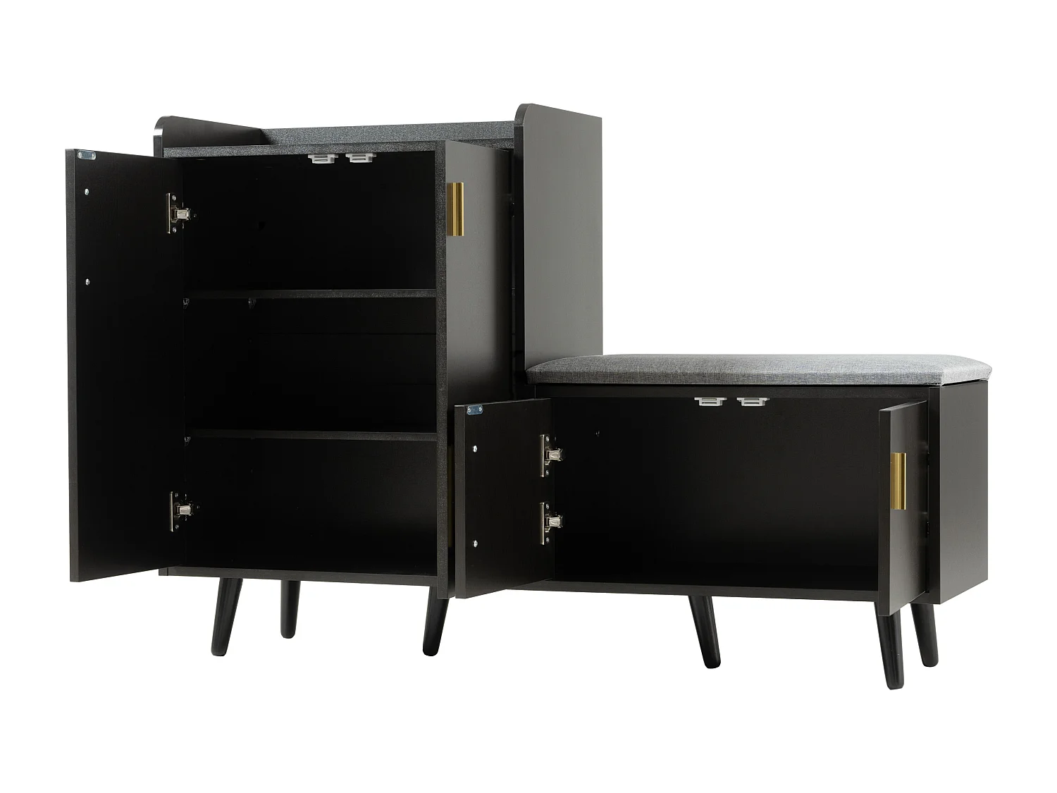 Moderne schoenenkast, donker notenhout, met 4 opbergdeuren, asymmetrische metalen handgrepen, (120x34x82 cm)