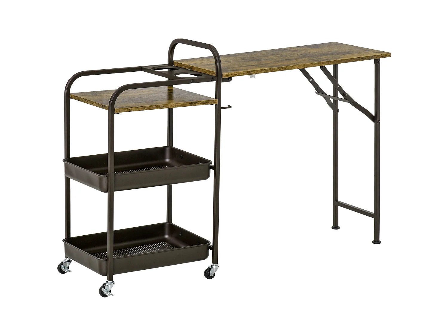 Keukentrolley met opklapbaar blad, 2 planken, metaal, hout, zwart (118x36,5x82 cm)