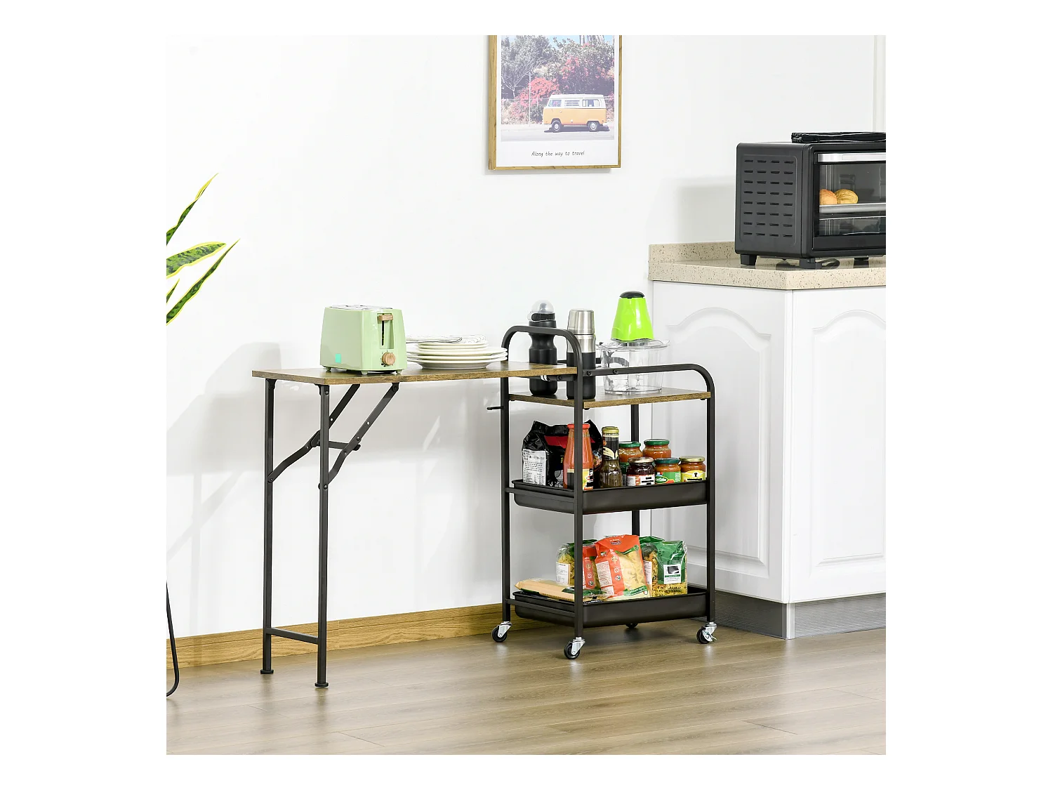 Keukentrolley met opklapbaar blad, 2 planken, metaal, hout, zwart (118x36,5x82 cm)