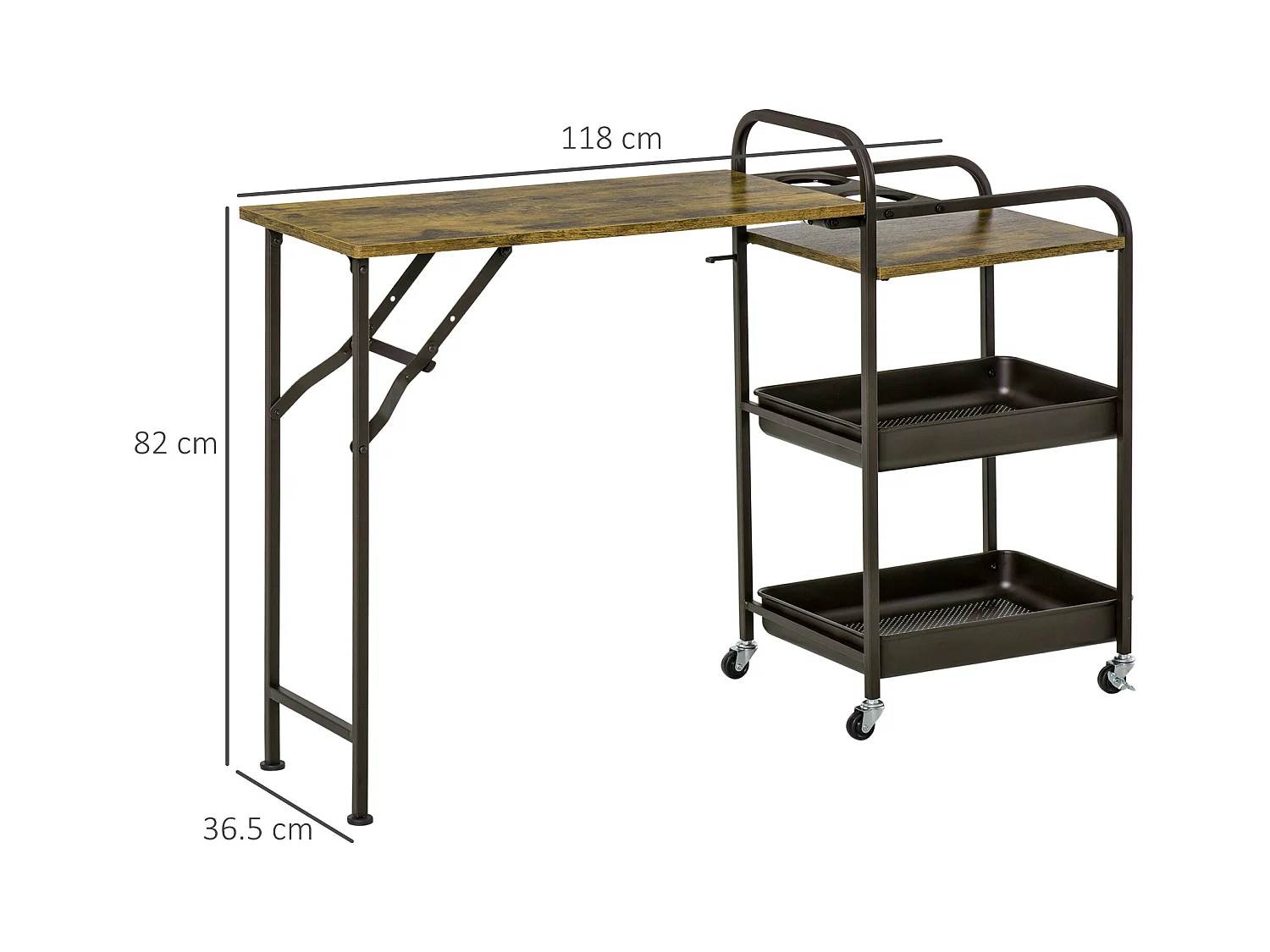 Keukentrolley met opklapbaar blad, 2 planken, metaal, hout, zwart (118x36,5x82 cm)