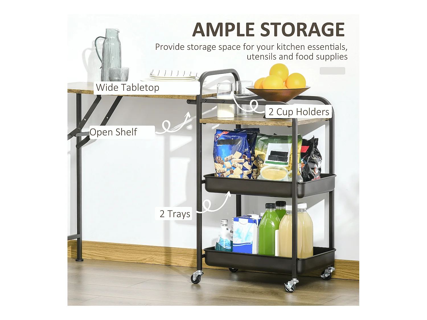 Keukentrolley met opklapbaar blad, 2 planken, metaal, hout, zwart (118x36,5x82 cm)