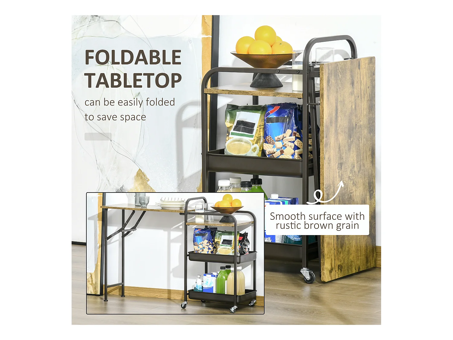 Keukentrolley met opklapbaar blad, 2 planken, metaal, hout, zwart (118x36,5x82 cm)