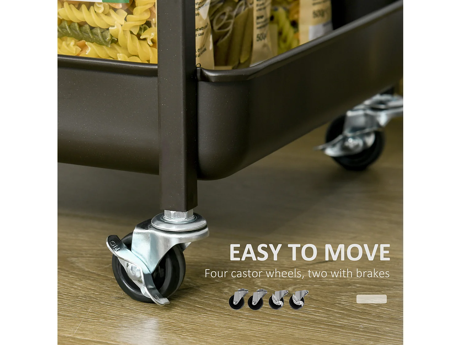 Keukentrolley met opklapbaar blad, 2 planken, metaal, hout, zwart (118x36,5x82 cm)