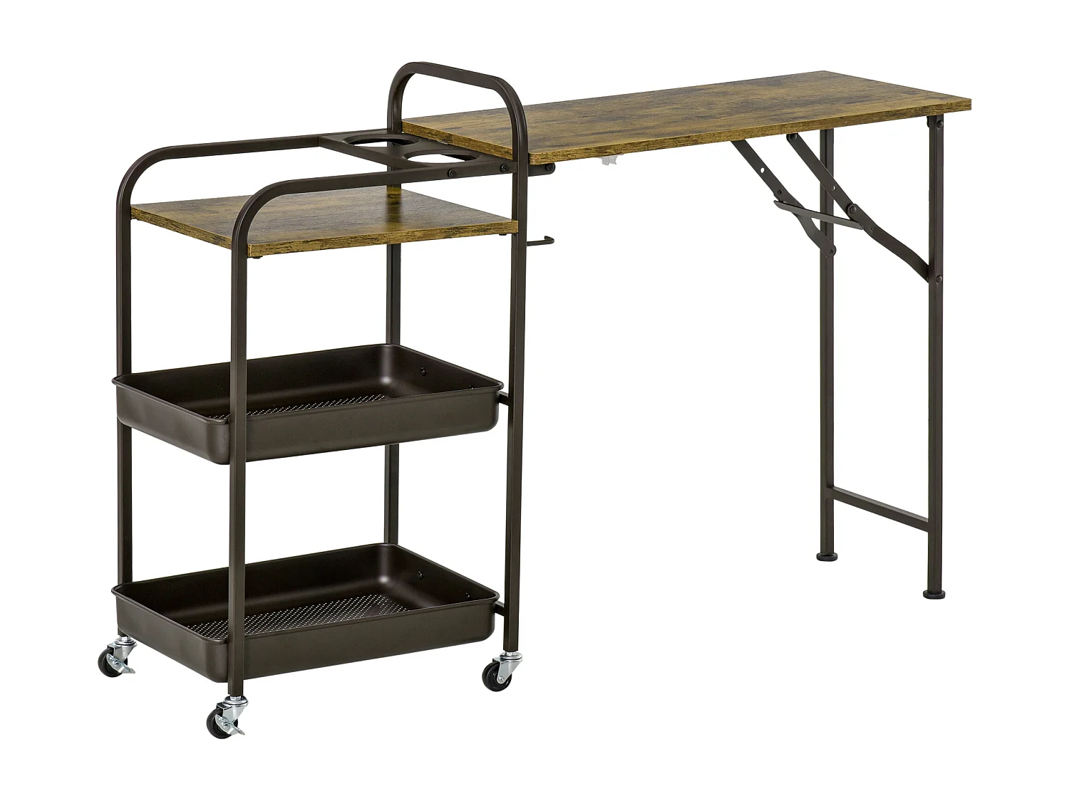 Chariot de cuisine avec plateau rabattable, 2 étagères, métal, bois, noir (118x36.5x82 cm)