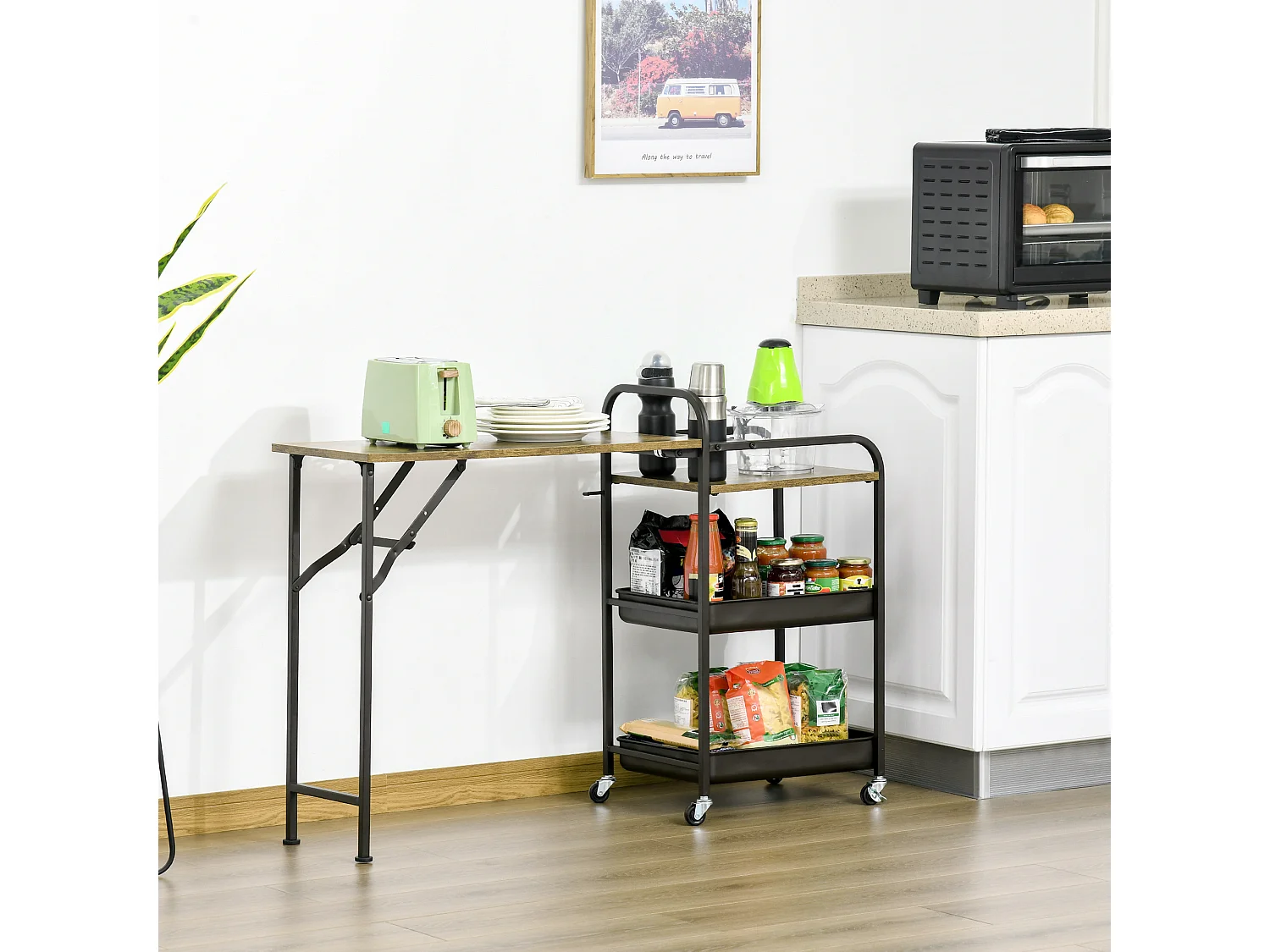 Chariot de cuisine avec plateau rabattable, 2 étagères, métal, bois, noir (118x36.5x82 cm)