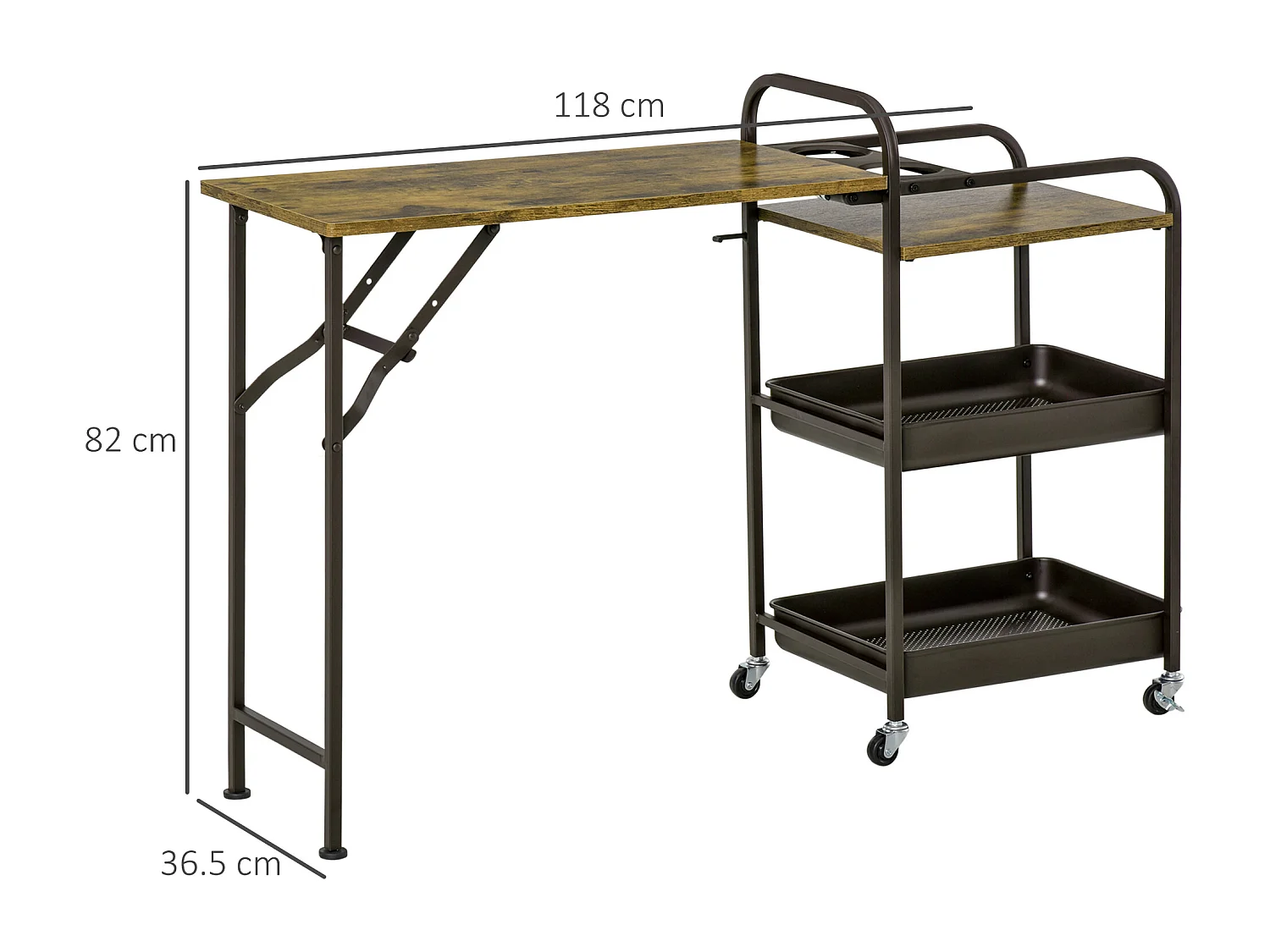 Chariot de cuisine avec plateau rabattable, 2 étagères, métal, bois, noir (118x36.5x82 cm)