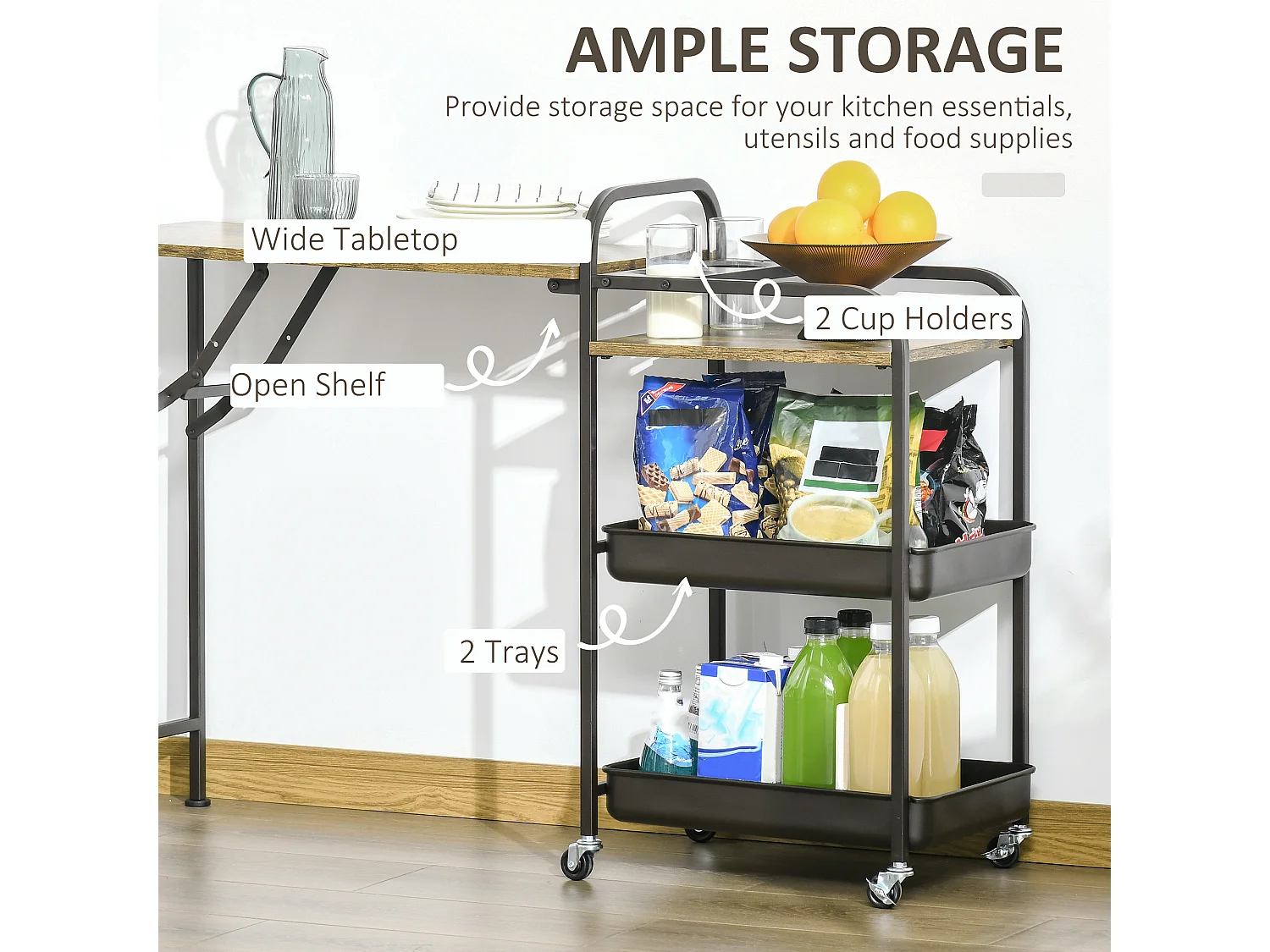 Chariot de cuisine avec plateau rabattable, 2 étagères, métal, bois, noir (118x36.5x82 cm)