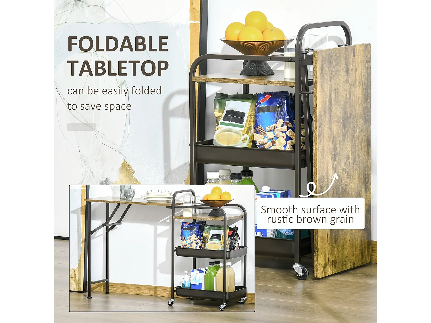 Chariot de cuisine avec plateau rabattable, 2 étagères, métal, bois, noir (118x36.5x82 cm)