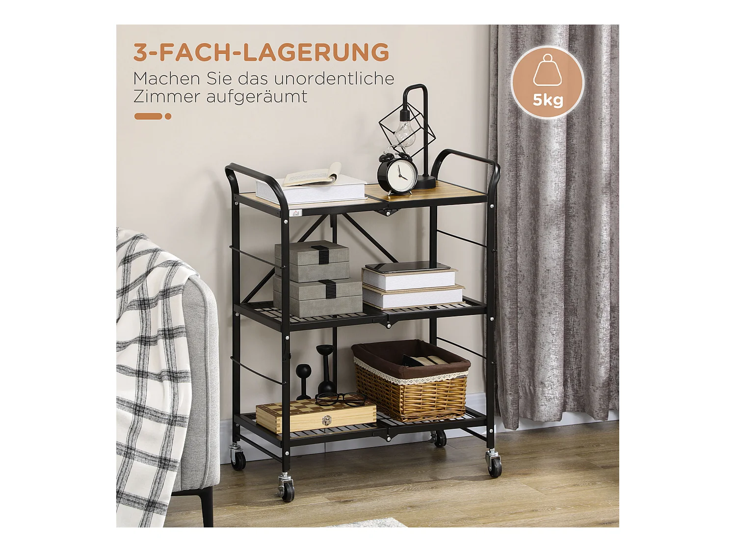 Opvouwbare keukentrolley, met 3 planken en handgrepen, in metaal, bruin en zwart (68x35x85 cm)