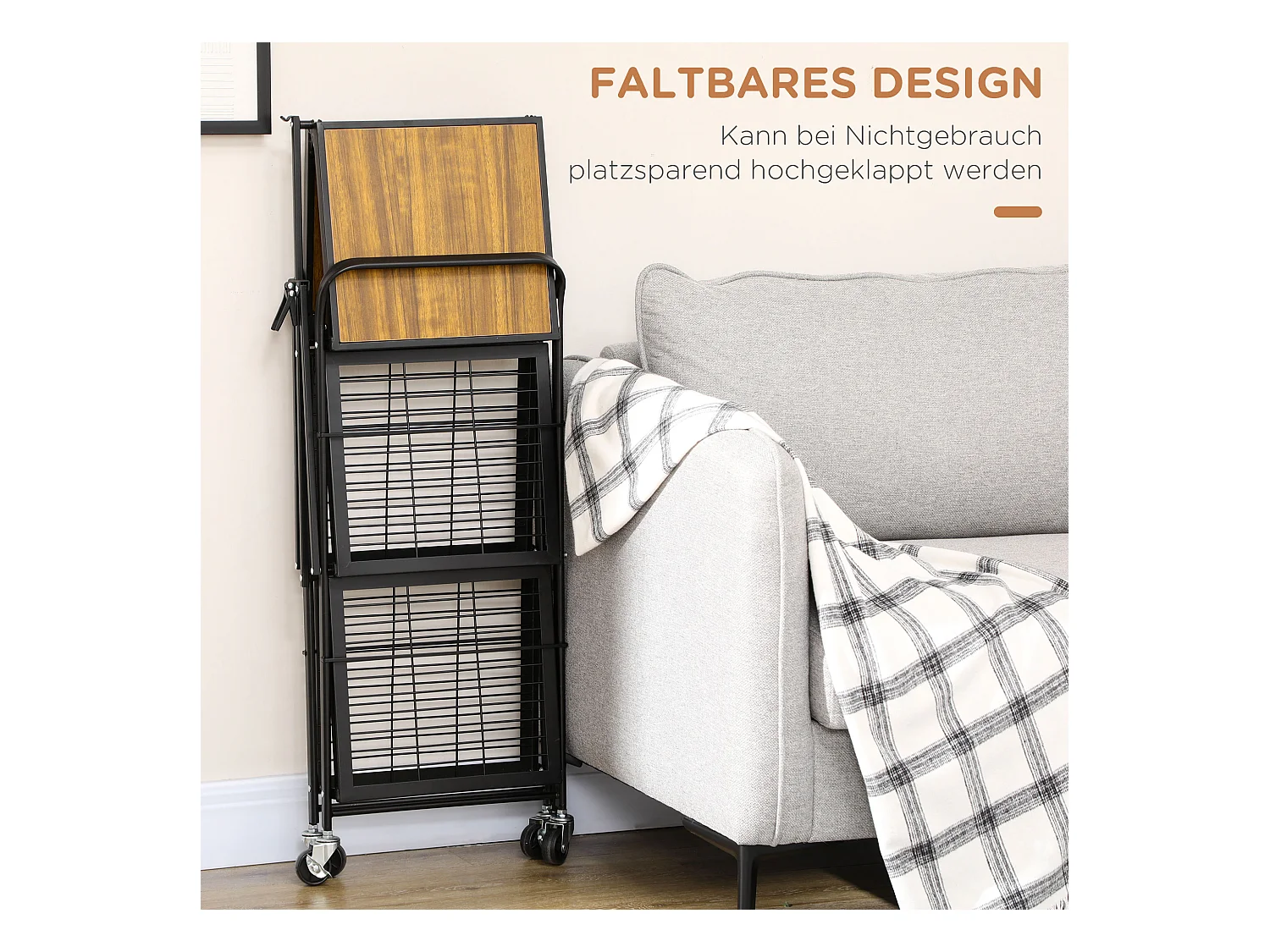 Opvouwbare keukentrolley, met 3 planken en handgrepen, in metaal, bruin en zwart (68x35x85 cm)