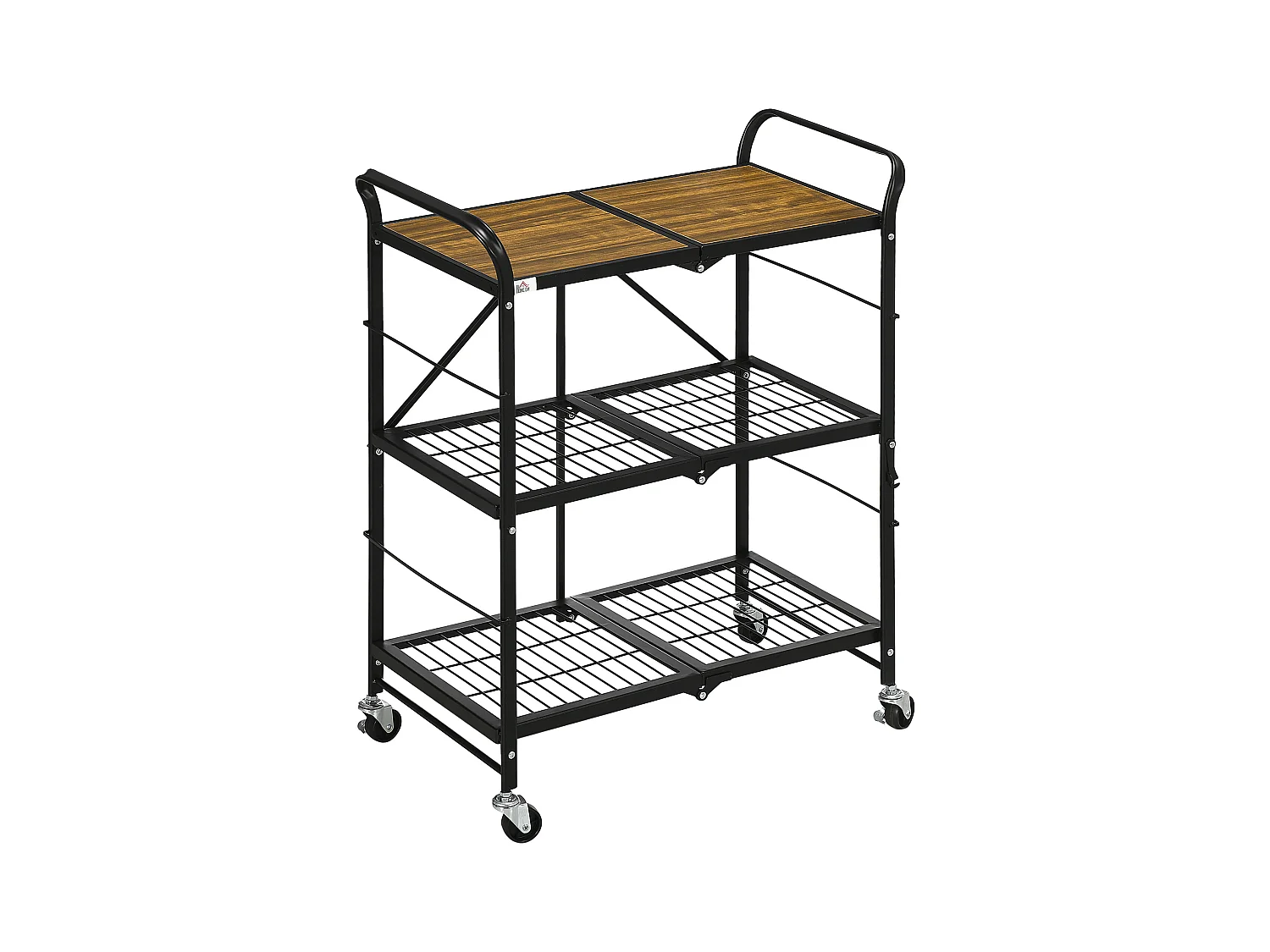 Carrello da cucina pieghevole, con 3 ripiani e maniglie, in metallo, marrone e nero (68x35x85 cm)