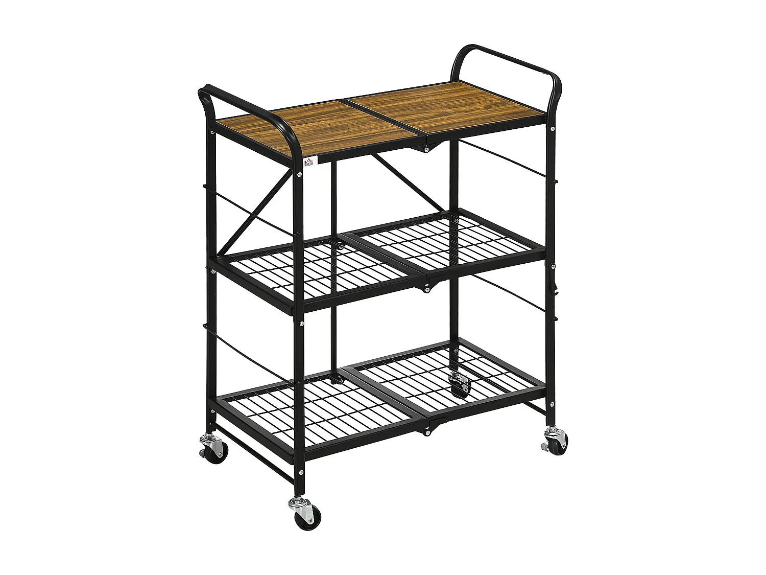 Opvouwbare keukentrolley, met 3 planken en handgrepen, in metaal, bruin en zwart (68x35x85 cm)