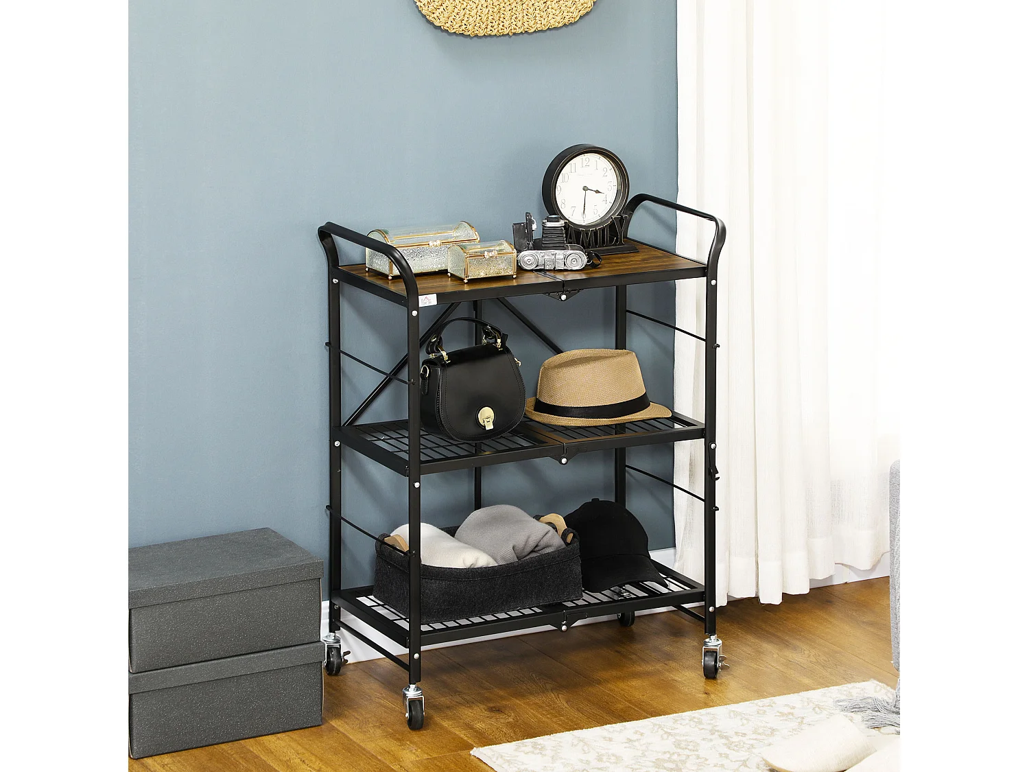 Opvouwbare keukentrolley, met 3 planken en handgrepen, in metaal, bruin en zwart (68x35x85 cm)