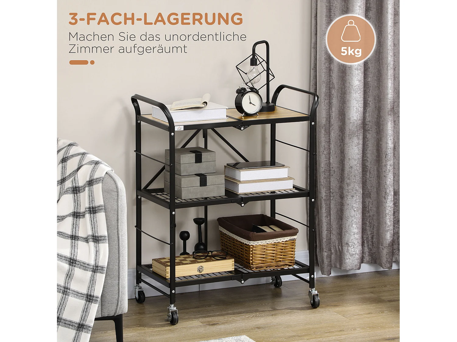 Opvouwbare keukentrolley, met 3 planken en handgrepen, in metaal, bruin en zwart (68x35x85 cm)