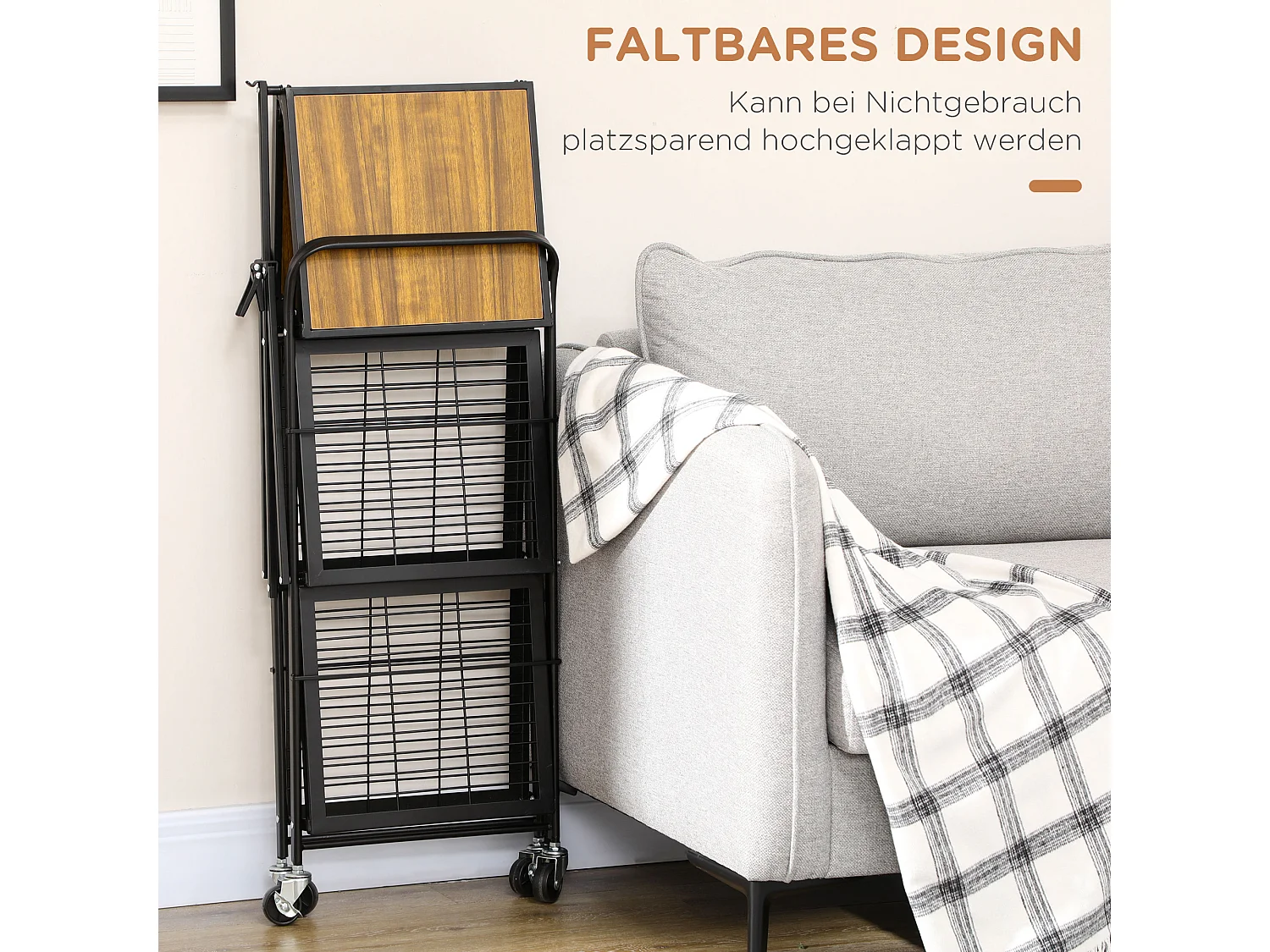 Opvouwbare keukentrolley, met 3 planken en handgrepen, in metaal, bruin en zwart (68x35x85 cm)