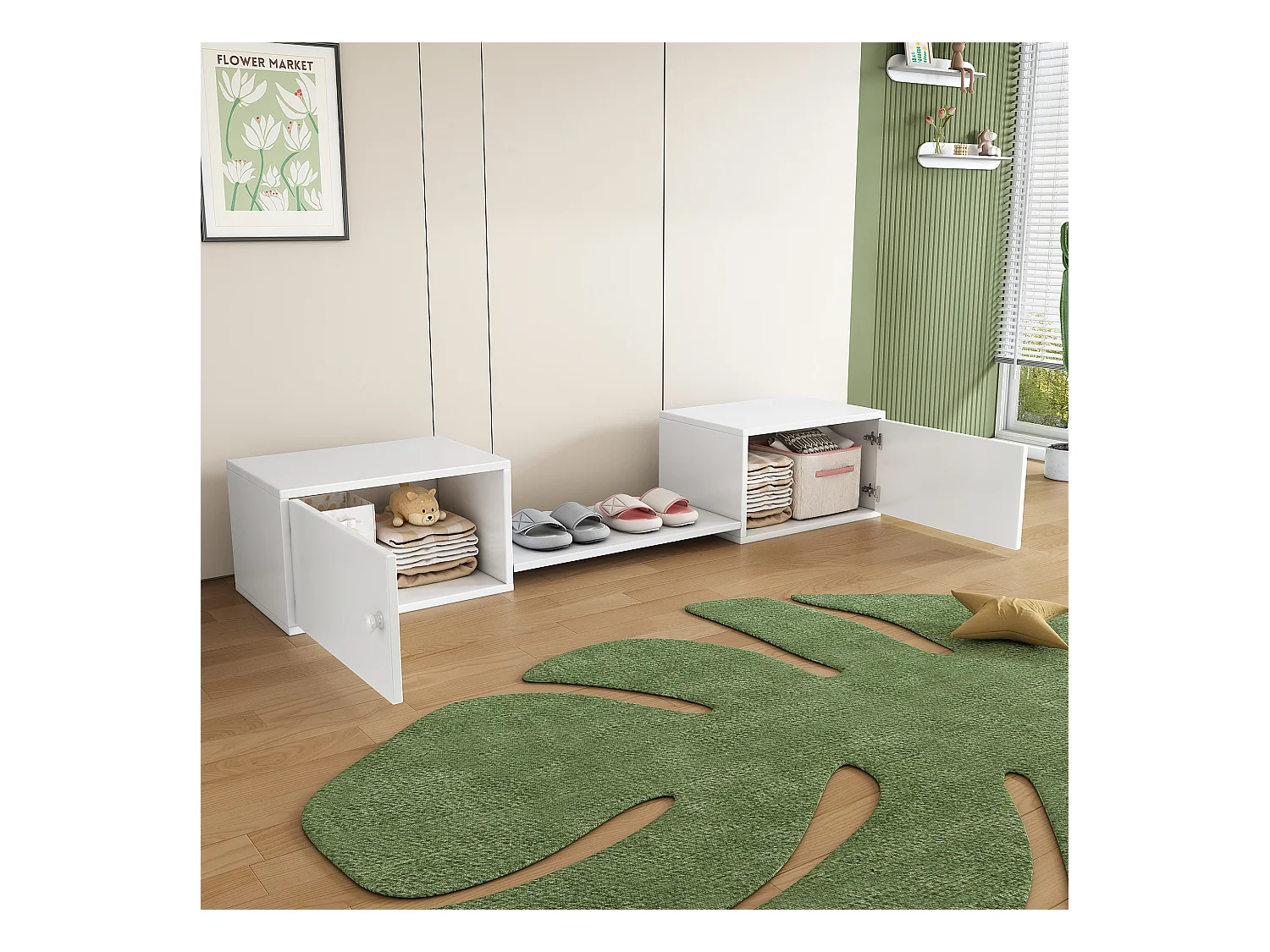 Cabinet à chaussures, meuble d'entrée, multifonction, banc à chaussures, bois massif + MDF, Blanc (189x40x34.5 cm)