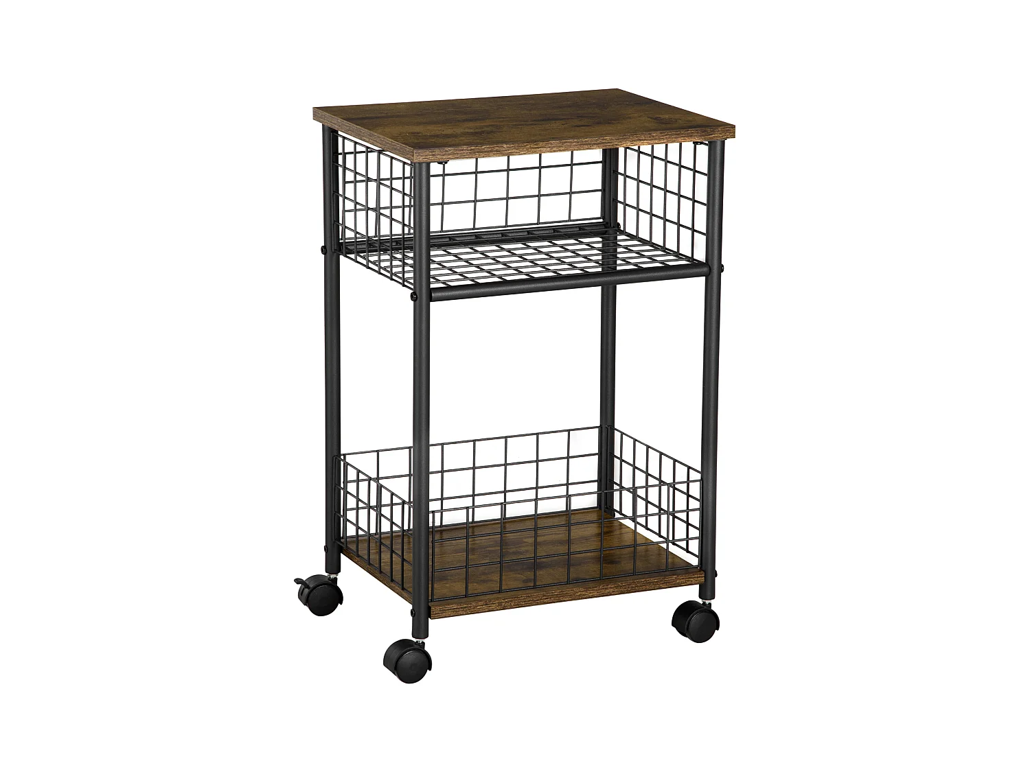 Carrello da cucina con piano di lavoro e 2 cestelli portaoggetti, ruote piroettanti a 360°, legno rustico, (40x30x62 cm)