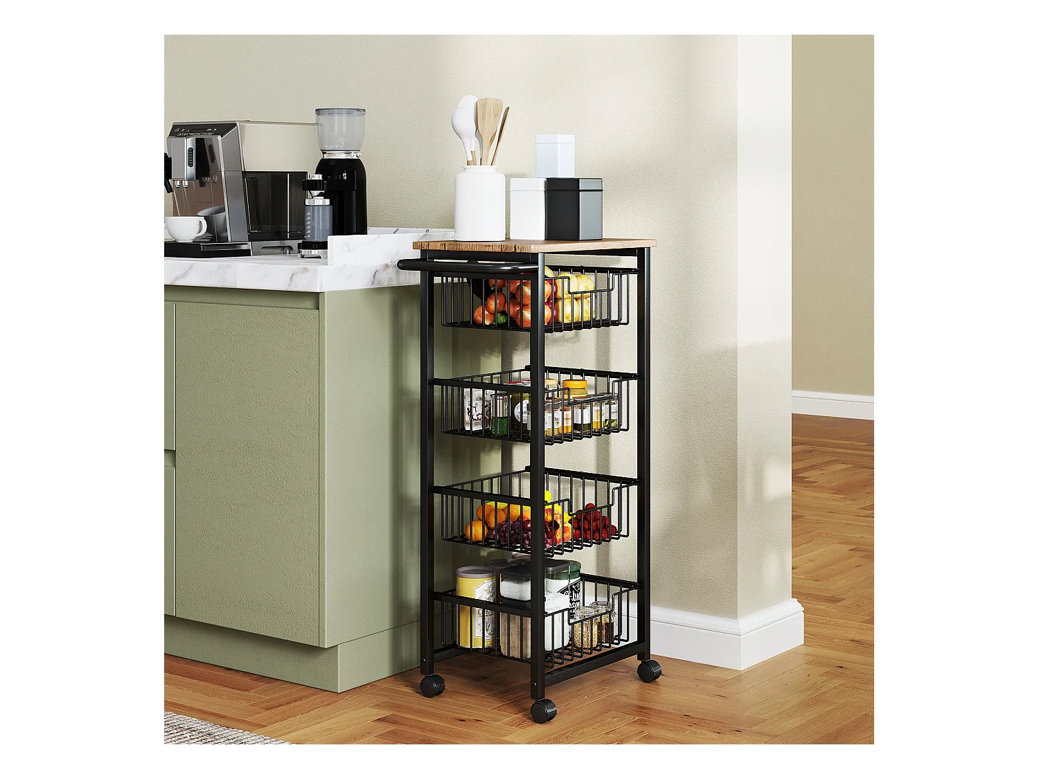 Carrello da cucina con piano di lavoro, 4 cestelli in metallo, carrello da ufficio mobile, legno d'acero, (49,5x31x91 cm)