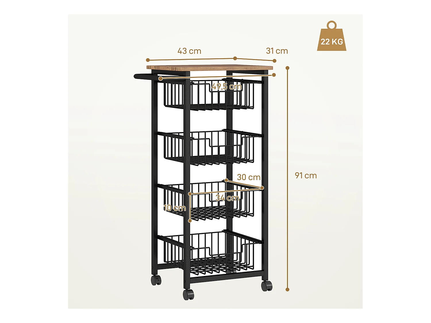 Carrello da cucina con piano di lavoro, 4 cestelli in metallo, carrello da ufficio mobile, legno d'acero, (49,5x31x91 cm)