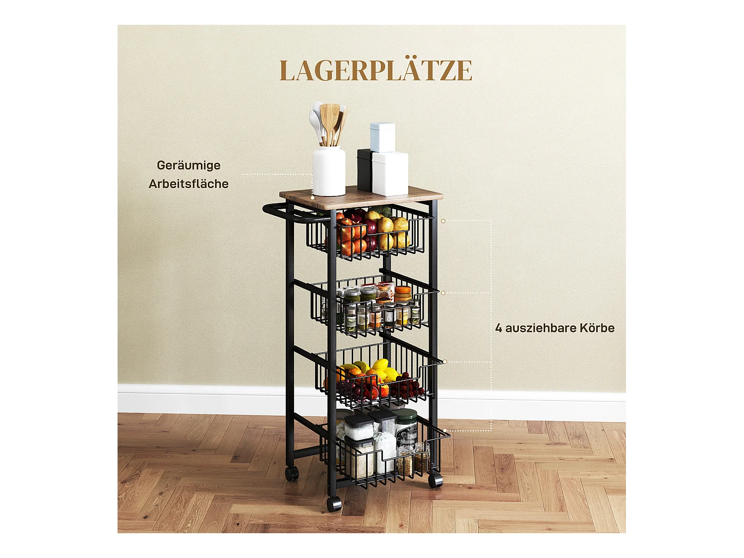 Carrello da cucina con piano di lavoro, 4 cestelli in metallo, carrello da ufficio mobile, legno d'acero, (49,5x31x91 cm)