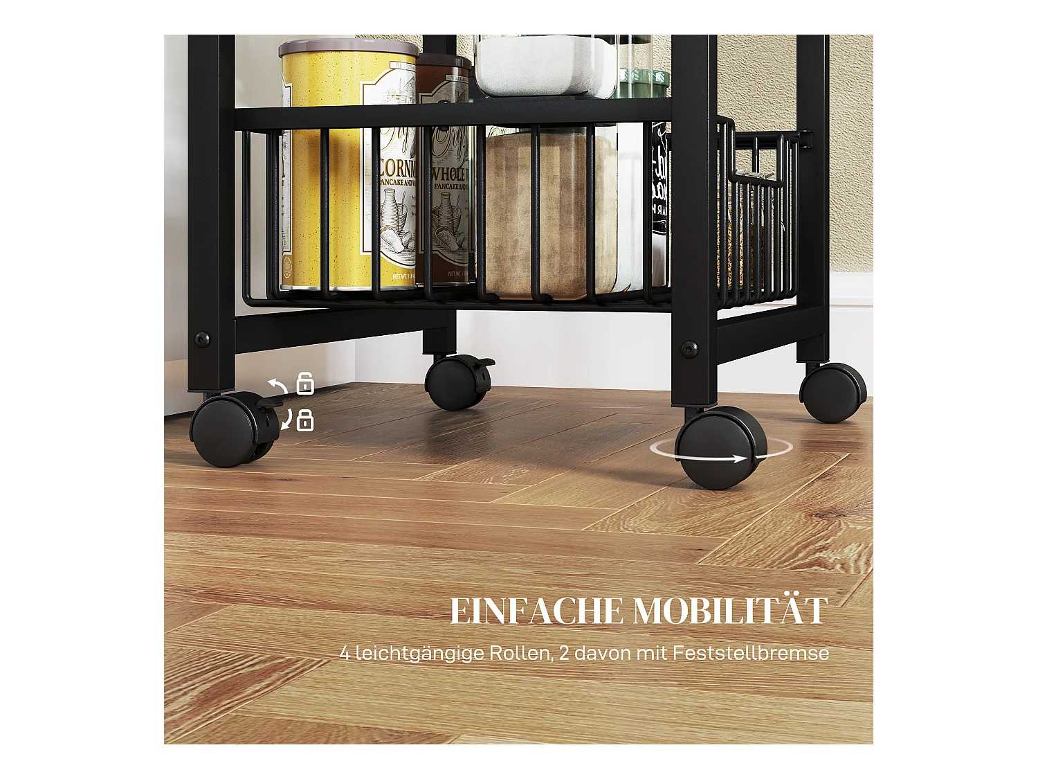 Carrello da cucina con piano di lavoro, 4 cestelli in metallo, carrello da ufficio mobile, legno d'acero, (49,5x31x91 cm)