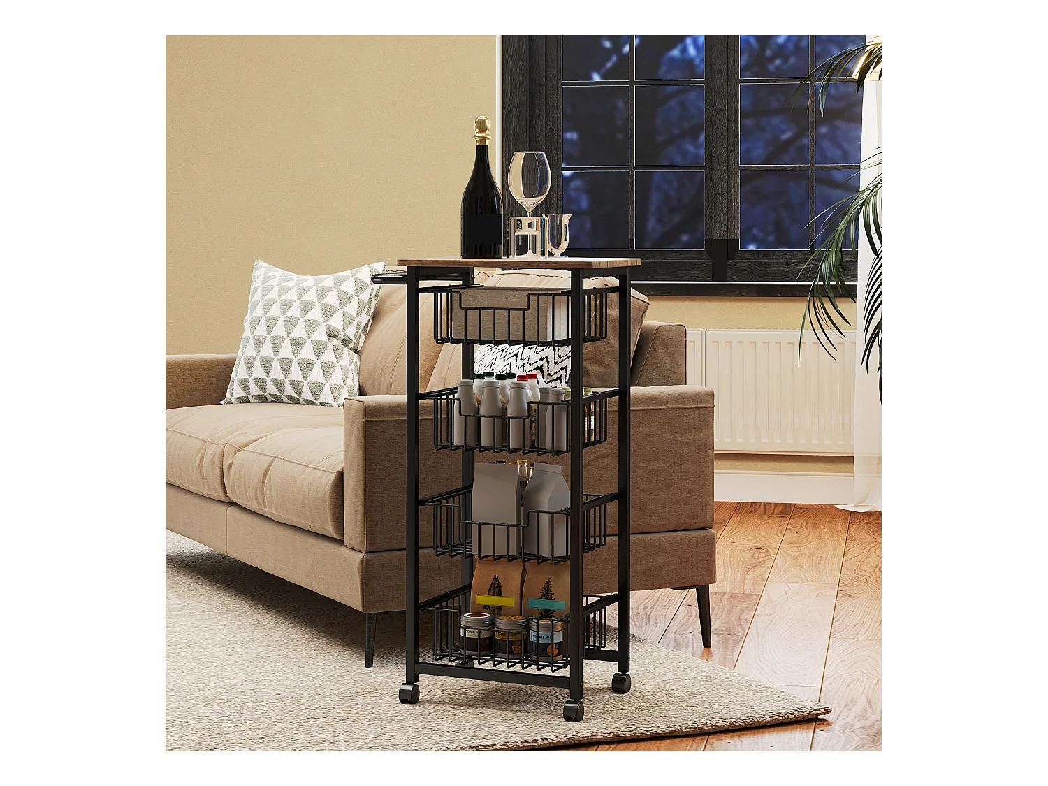 Carrello da cucina con piano di lavoro, 4 cestelli in metallo, carrello da ufficio mobile, legno d'acero, (49,5x31x91 cm)