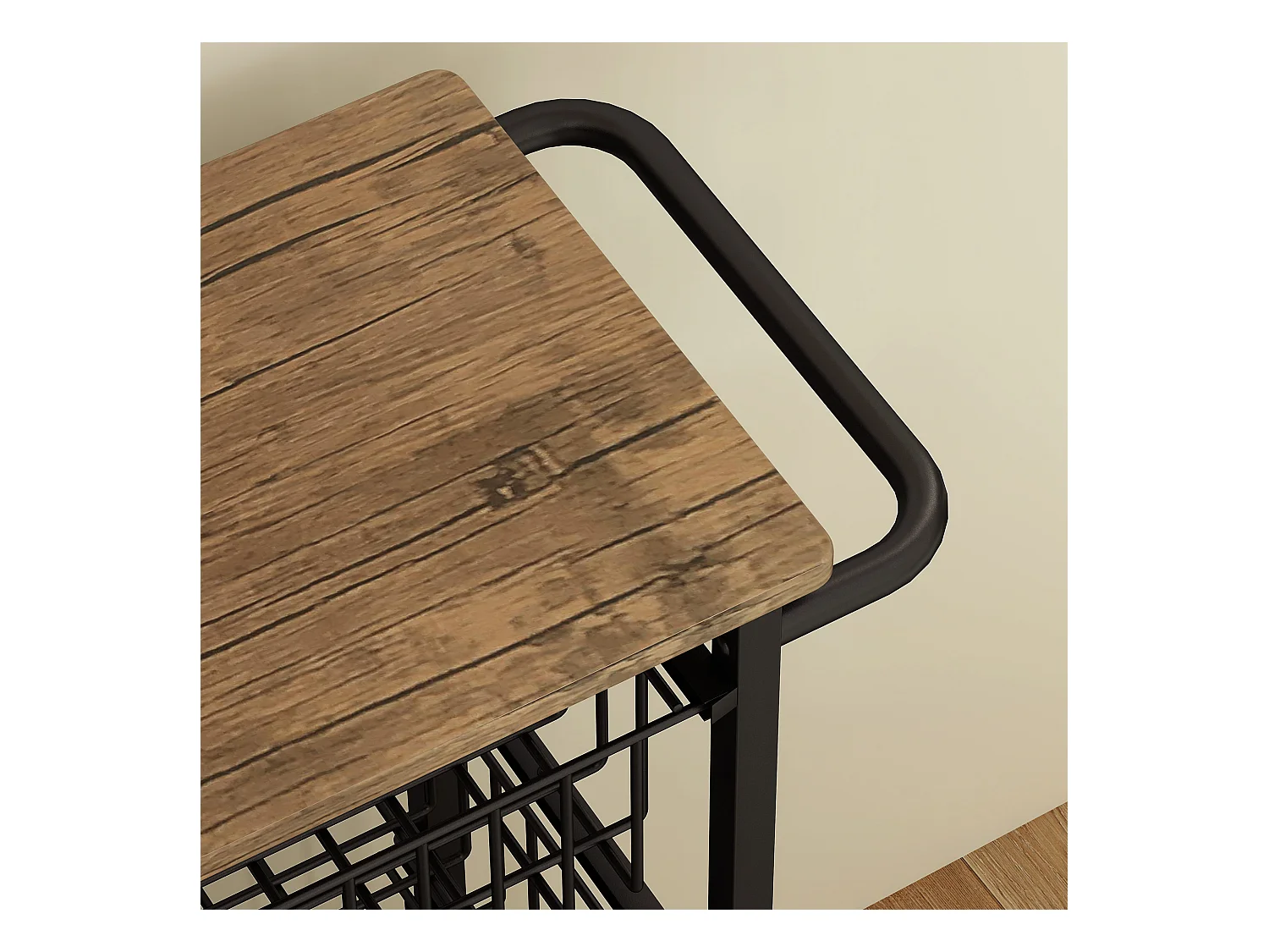 Carrello da cucina con piano di lavoro, 4 cestelli in metallo, carrello da ufficio mobile, legno d'acero, (49,5x31x91 cm)