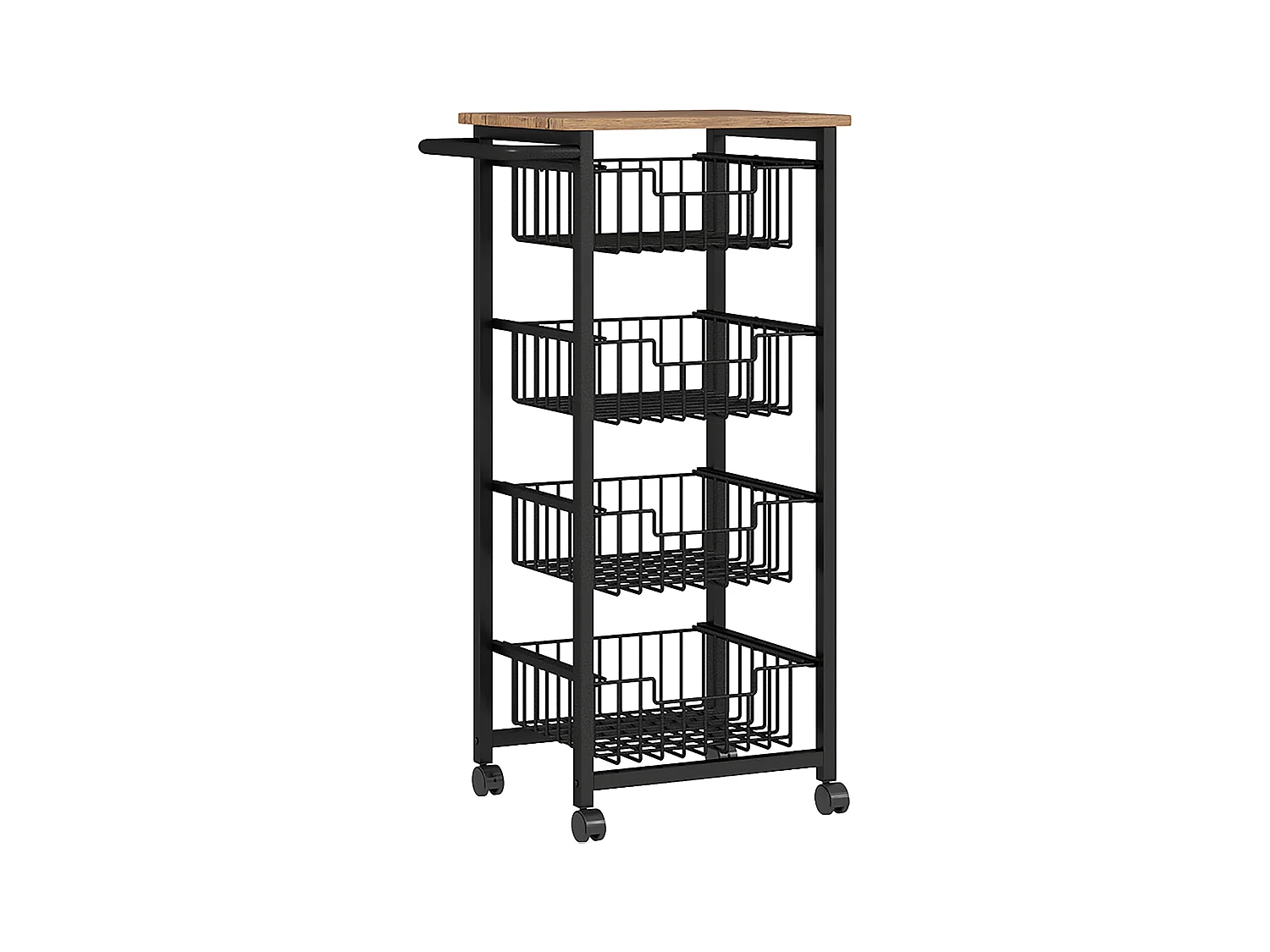 Chariot de cuisine avec plan de travail, 4 paniers en métal, chariot mobile pour bureau, bois d'érable, (49.5x31x91 cm)