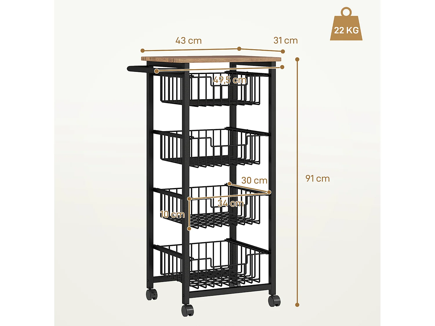 Carrito de cocina con encimera, 4 cestas metálicas, carro de oficina móvil, madera de arce, (49,5x31x91 cm)