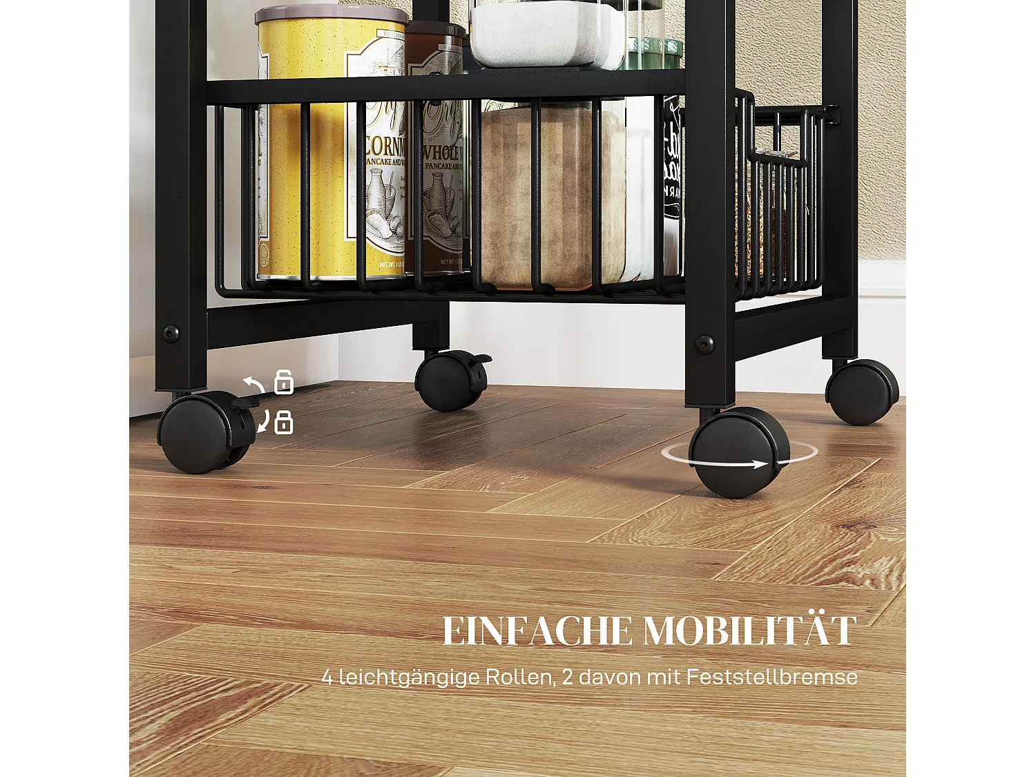 Carrito de cocina con encimera, 4 cestas metálicas, carro de oficina móvil, madera de arce, (49,5x31x91 cm)