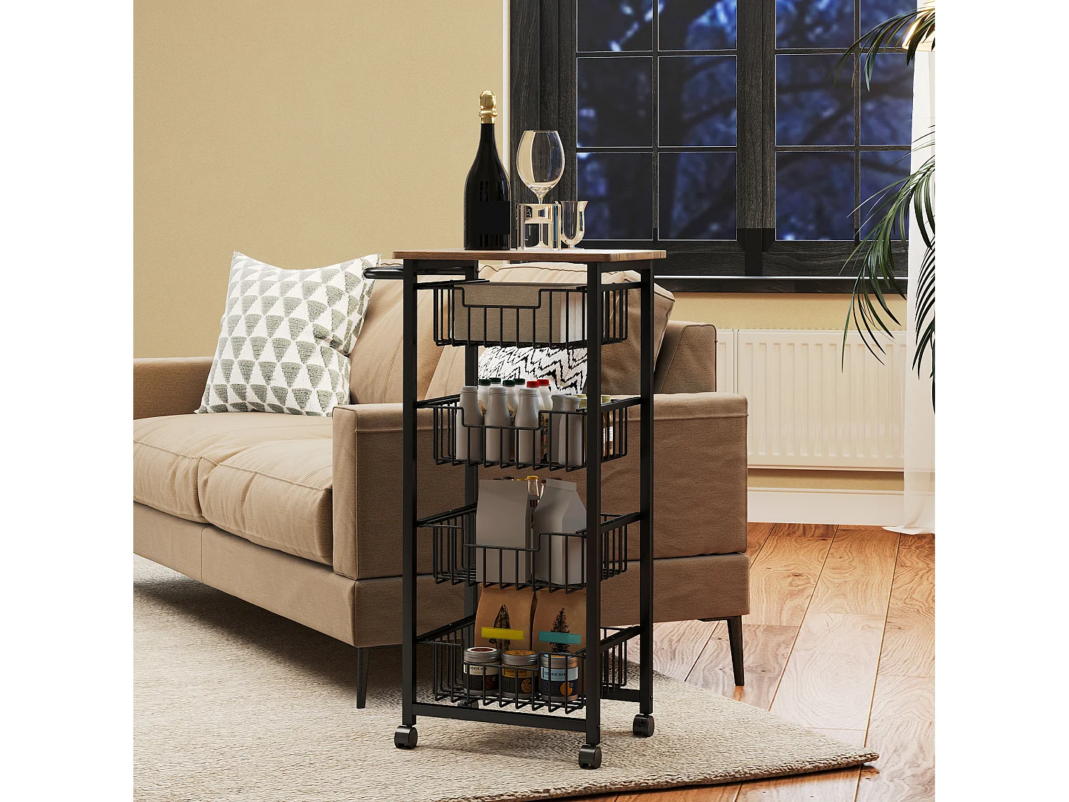 Carrito de cocina con encimera, 4 cestas metálicas, carro de oficina móvil, madera de arce, (49,5x31x91 cm)