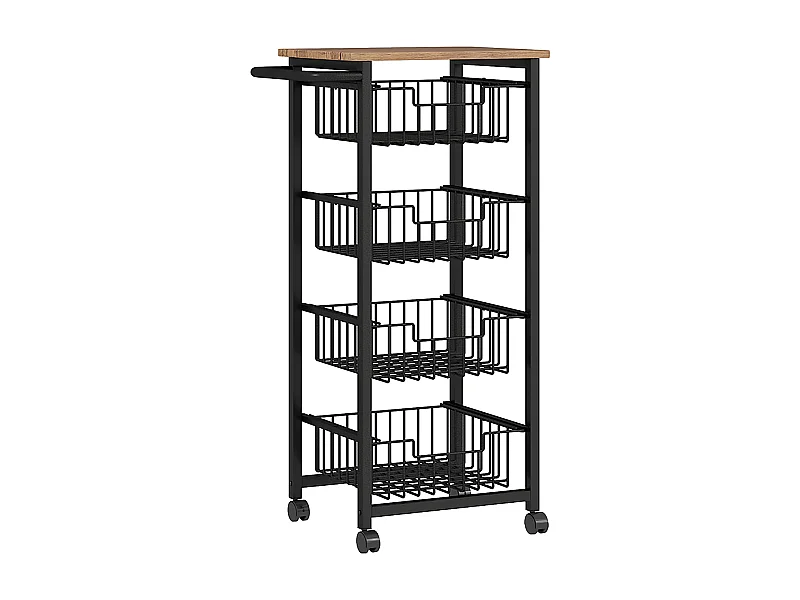 Chariot de cuisine avec plan de travail, 4 paniers en métal, chariot mobile pour bureau, bois d'érable, (49.5x31x91 cm)