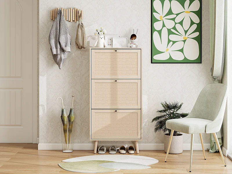 3-laags schoenenkast, Boho-design met rotandeuren, MDF, natuurlijk hout (60x24x121 cm)