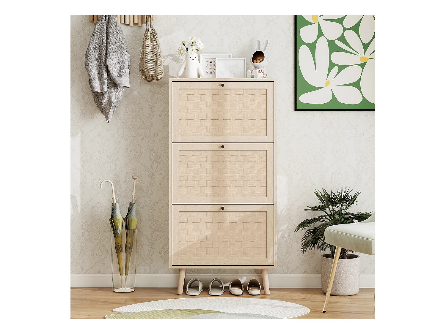 Meuble à chaussures 3 niveaux, design Boho avec portes en rattan, MDF, bois naturel (60x24x121 cm)