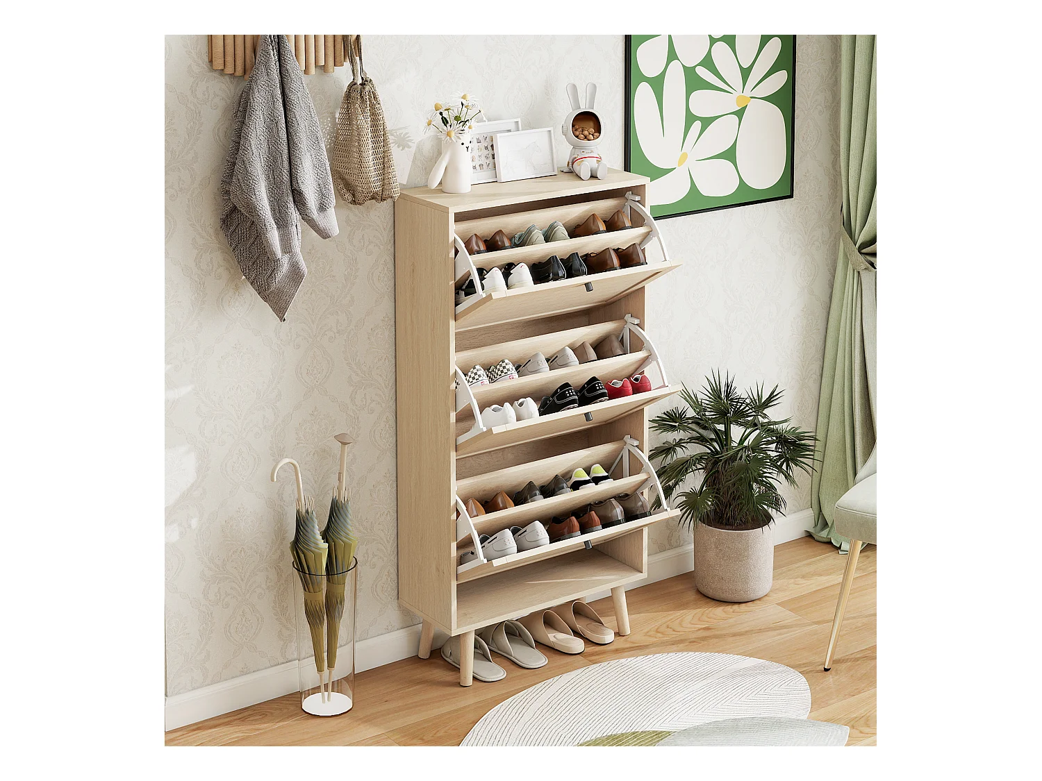 Meuble à chaussures 3 niveaux, design Boho avec portes en rattan, MDF, bois naturel (60x24x121 cm)