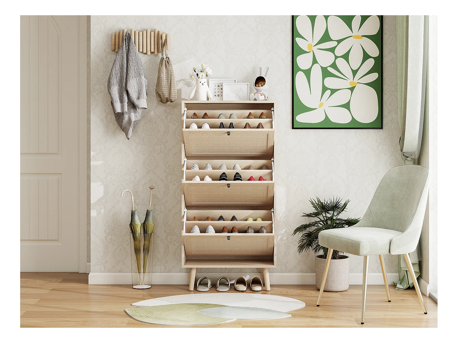 Meuble à chaussures 3 niveaux, design Boho avec portes en rattan, MDF, bois naturel (60x24x121 cm)