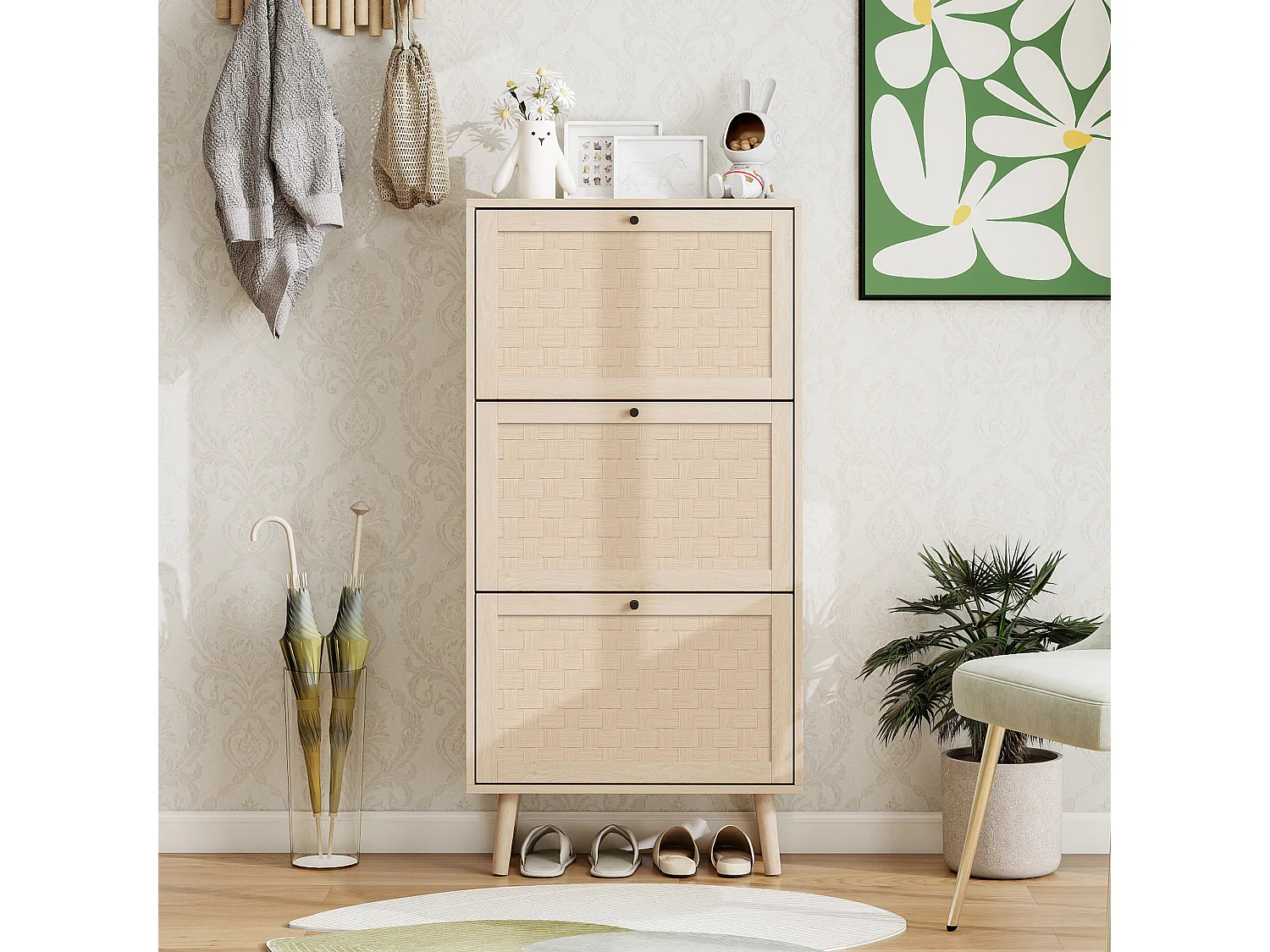 Meuble à chaussures 3 niveaux, design Boho avec portes en rattan, MDF, bois naturel (60x24x121 cm)