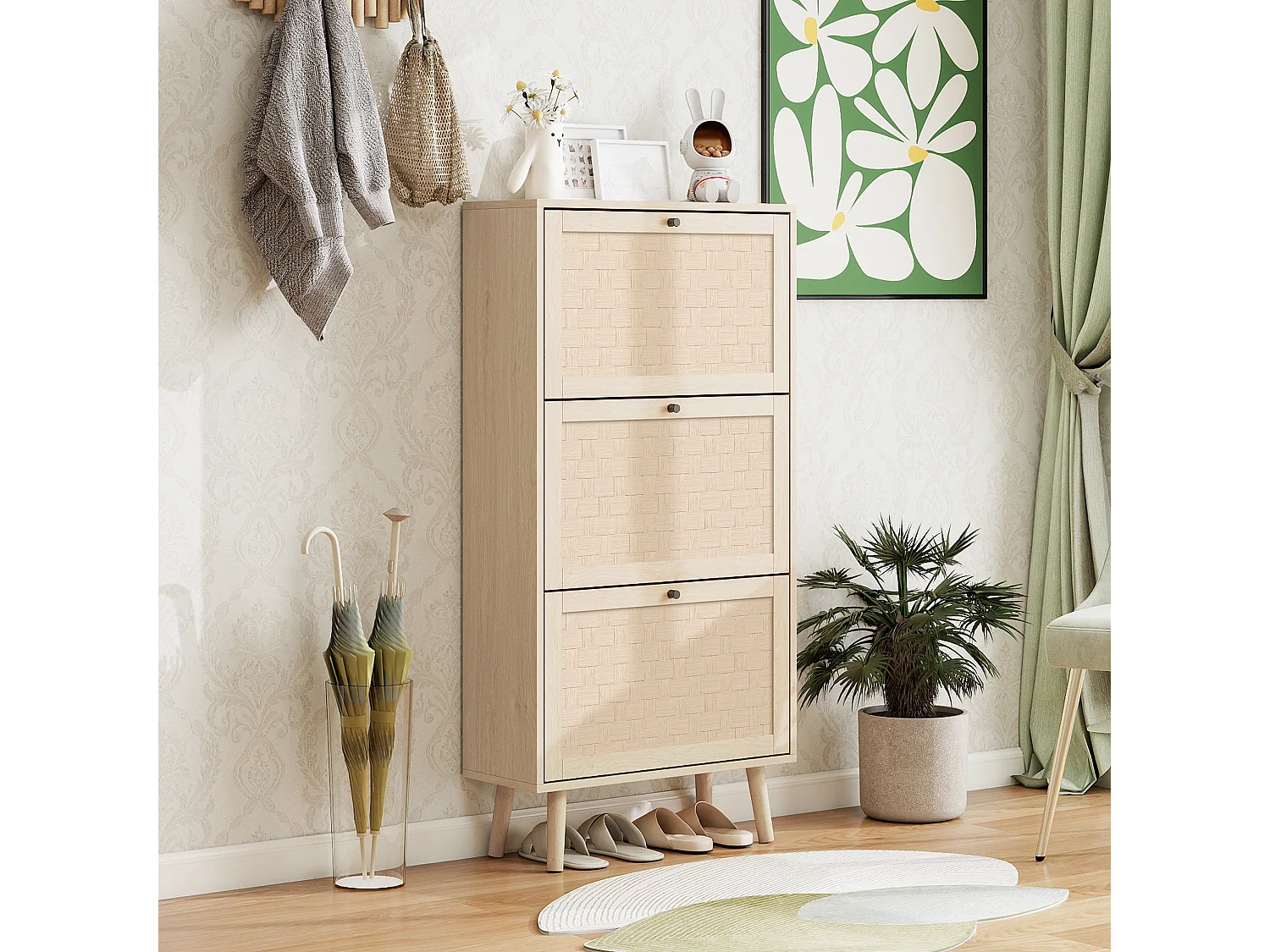 Meuble à chaussures 3 niveaux, design Boho avec portes en rattan, MDF, bois naturel (60x24x121 cm)