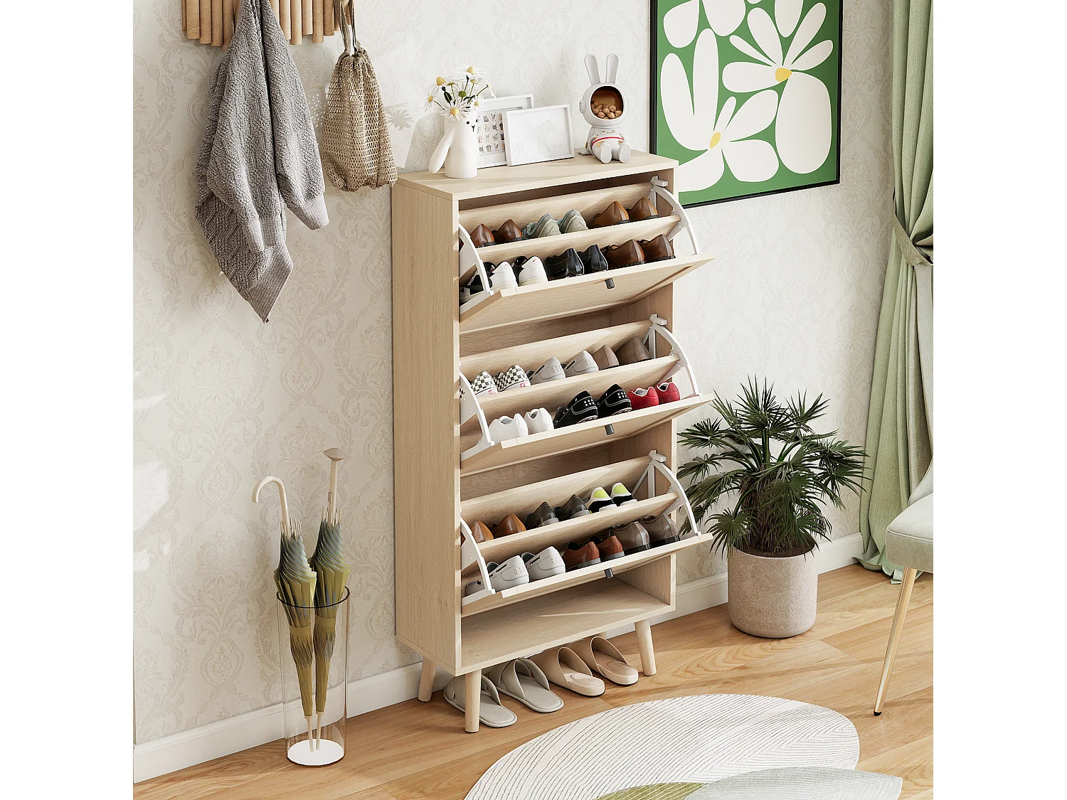 Meuble à chaussures 3 niveaux, design Boho avec portes en rattan, MDF, bois naturel (60x24x121 cm)