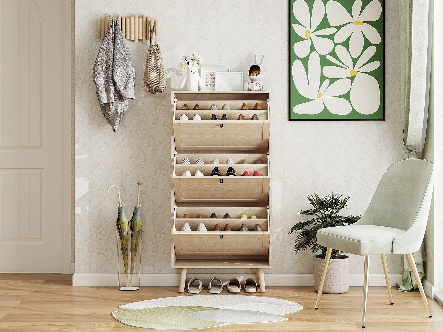 Meuble à chaussures 3 niveaux, design Boho avec portes en rattan, MDF, bois naturel (60x24x121 cm)