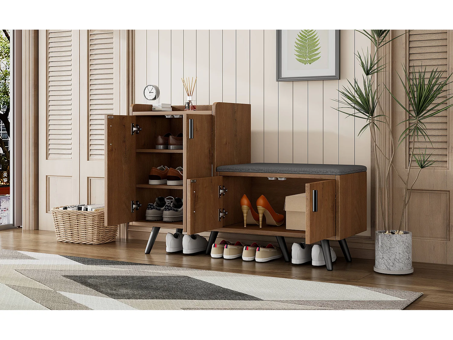 Moderne schoenenkast, natuurlijk hout, met 4 opbergdeuren, asymmetrische metalen handgrepen, (120x34x82 cm)