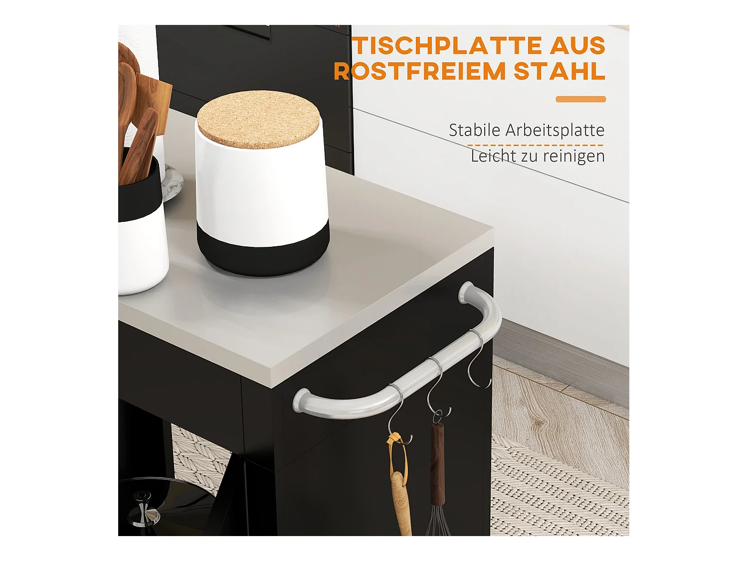 Carrito de cocina con ruedas, almacenaje con armario y ganchos, acero negro (86x50x86,5cm)