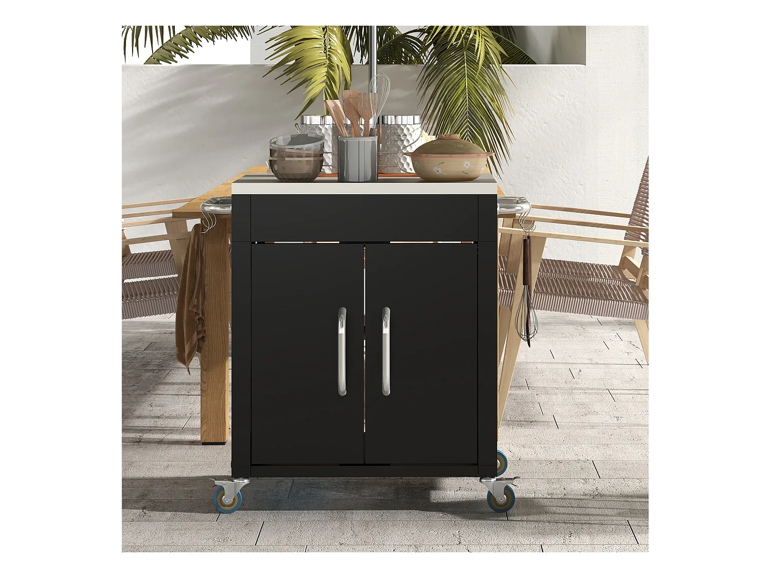 Carrito de cocina con ruedas, almacenaje con armario y ganchos, acero negro (86x50x86,5cm)