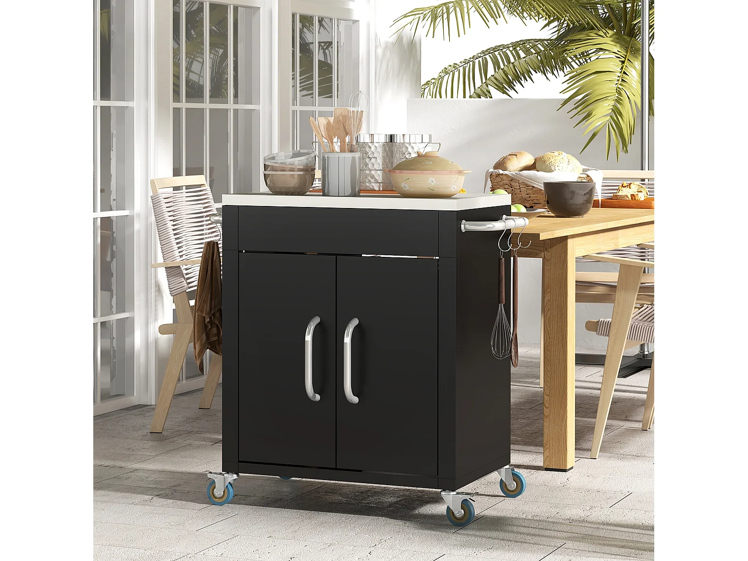 Carrello da cucina con ruote, contenitore con armadietto e ganci, acciaio nero (86x50x86,5cm)