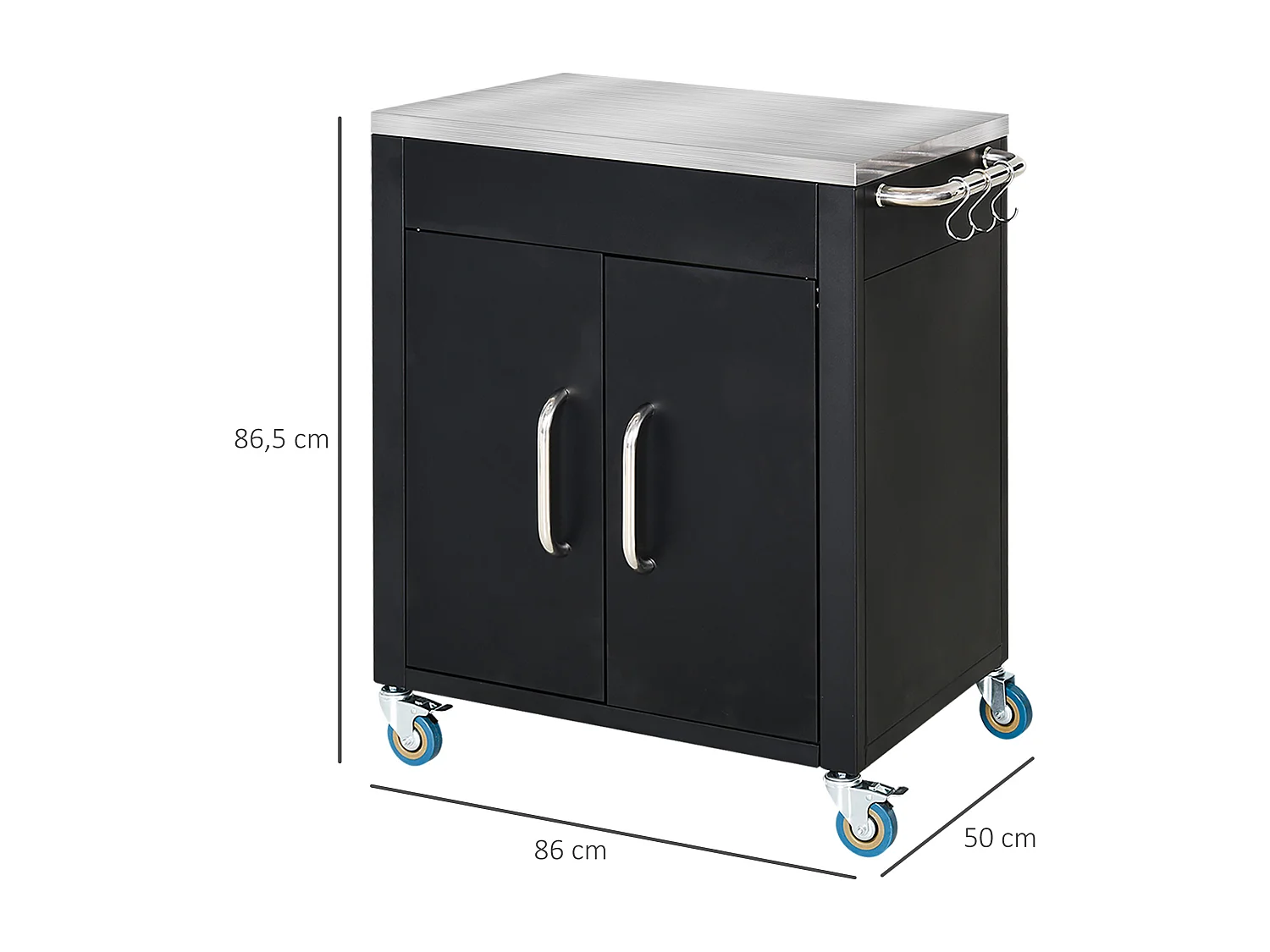 Carrello da cucina con ruote, contenitore con armadietto e ganci, acciaio nero (86x50x86,5cm)
