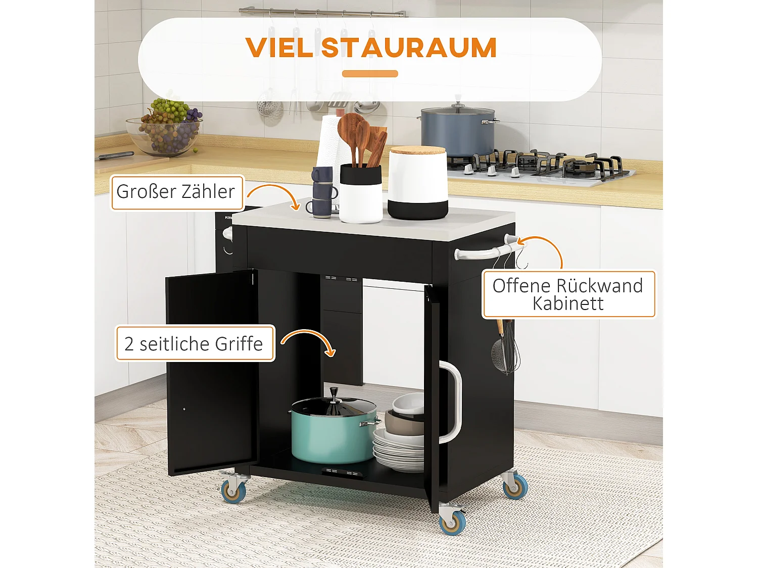 Carrello da cucina con ruote, contenitore con armadietto e ganci, acciaio nero (86x50x86,5cm)