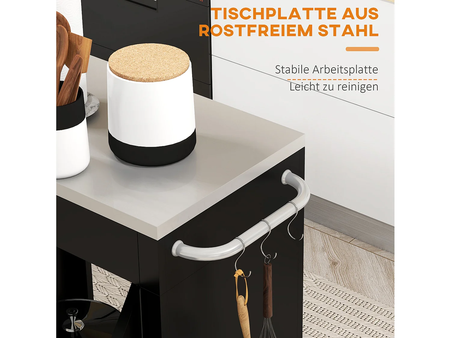 Carrello da cucina con ruote, contenitore con armadietto e ganci, acciaio nero (86x50x86,5cm)