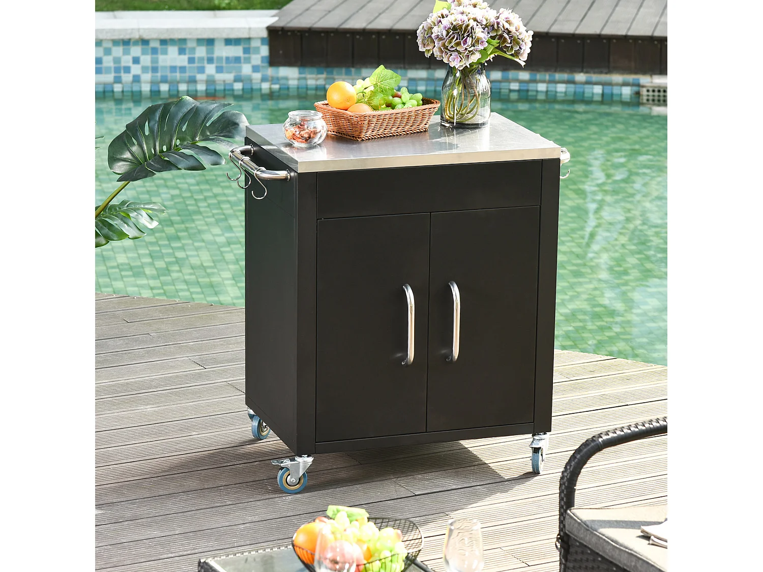 Carrello da cucina con ruote, contenitore con armadietto e ganci, acciaio nero (86x50x86,5cm)